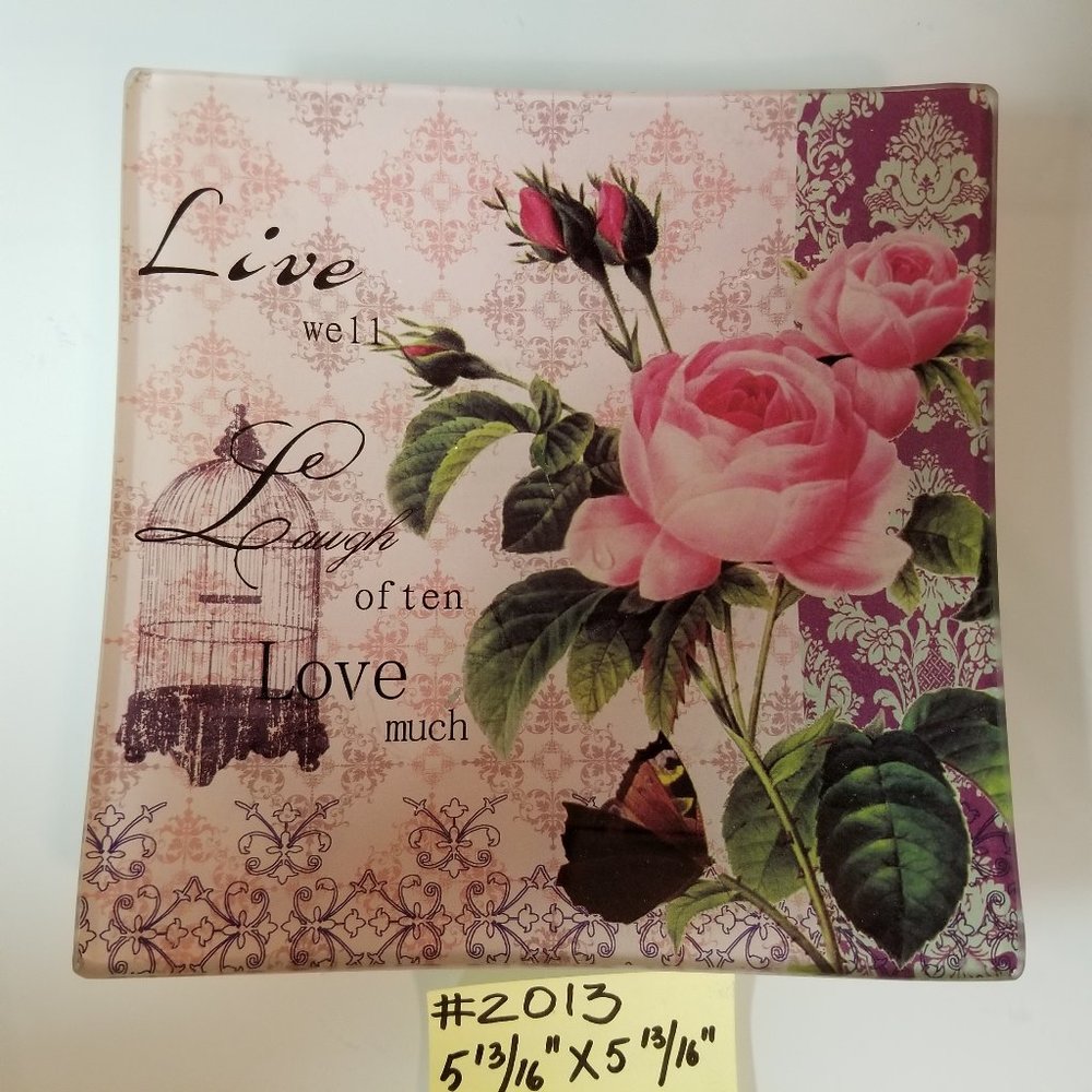#2013, New Gift Gallery Pink Vintage Design Roses Glass Tray